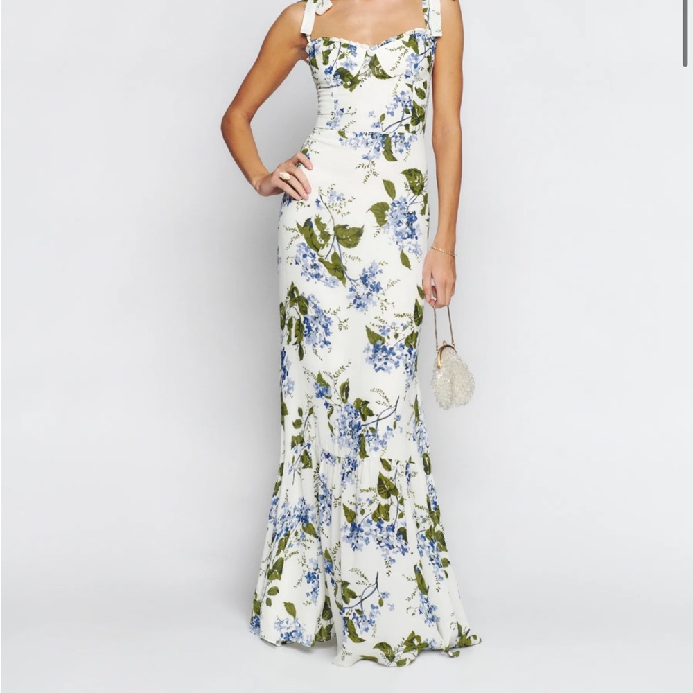 Floral White and Blue Maxi Dress